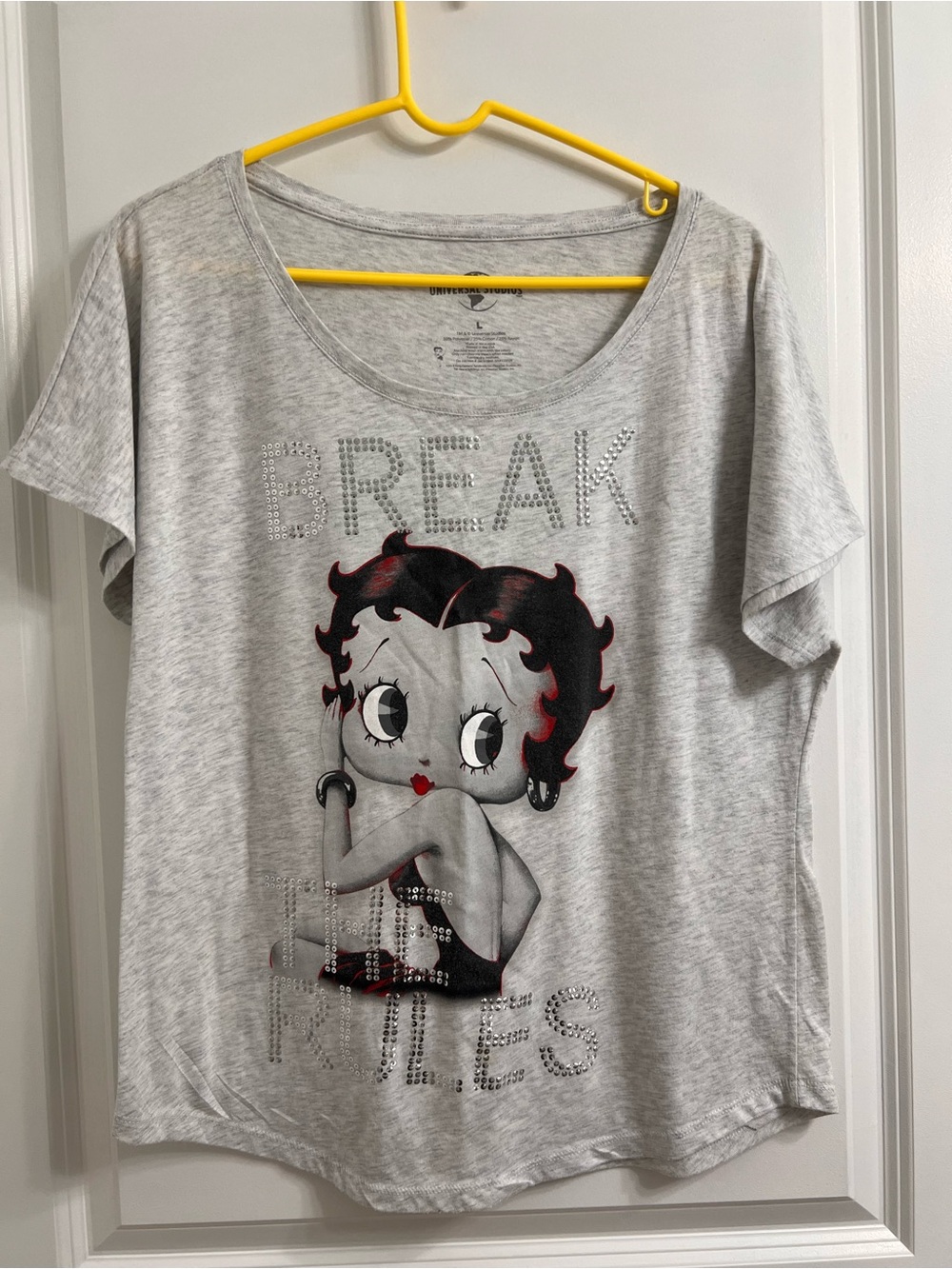 Y2K Break The Rules Gray Betty Boop graphic tee with rhinestones